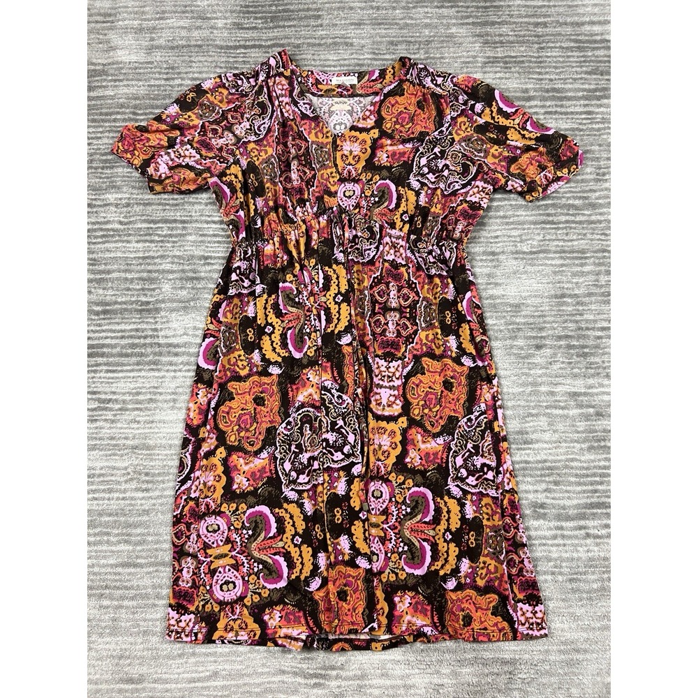 Madison Dress Womens Large Multicolor V-Neck ALine Short Sleeve Polyester Blend